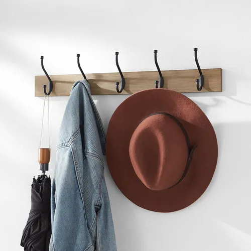 Vista 6 de Amazon Basics - Perchero de pared rectangular estilo casa de campo con ganchos de almacenamiento, 5 ganchos, color madera de granero Casa de campo