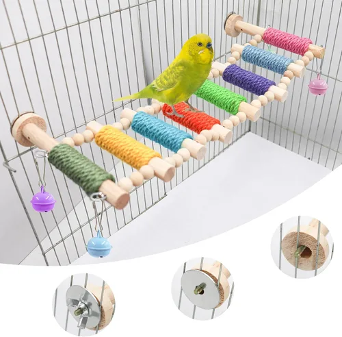 Vista 4 de Accesorios para jaula de pájaros, puente de madera con cuerda colorida en escalones, escalera de escalada de pájaros para periquitos, cacatúas