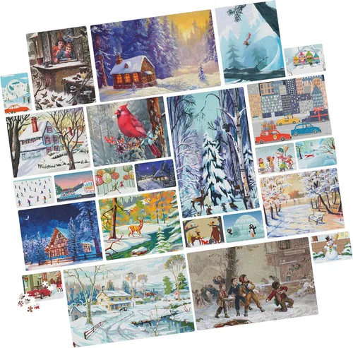 Vista 2 de Paquete de rompecabezas de 24 piezas, paisaje de ilustración de nieve de invierno navideño, 1000, 500, 300, 100, 48, 24 piezas, para niños y adultos