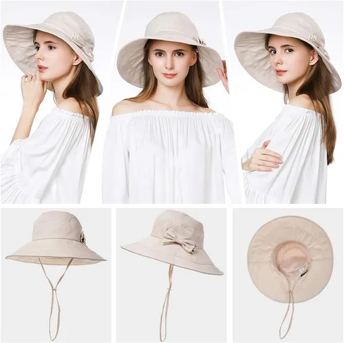 Vista 2 de Comhats Sombrero de verano plegable de algodón para mujer, protección UV, ala ancha, jardinería, viajes, 21.3-25.2 in