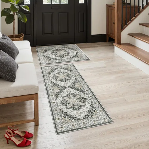 Vista 170 de Madane Alfombra lavable de 2 x 3 pies, alfombra de entrada pequeña, antideslizante, vintage, para entrada interior, alfombra de pelo bajo