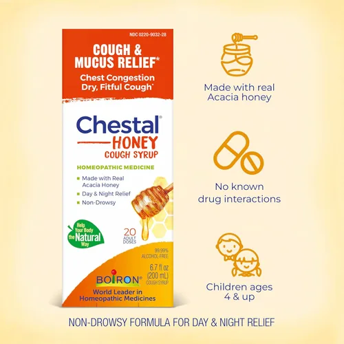 Vista 3 de Boiron Jarabe para la tos y el resfriado de Chestal Honey para adultos para la congestión nasal y del pecho, secreción nasal y alivio del dolor