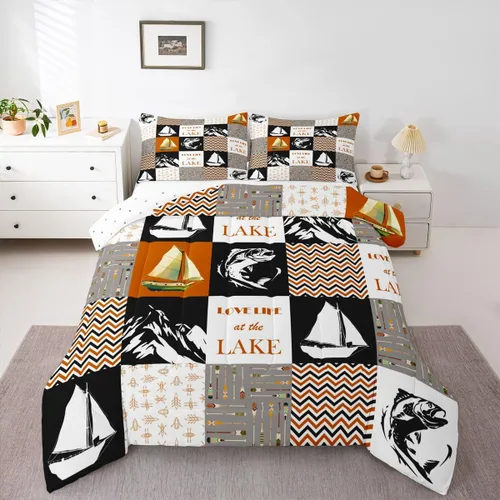 Vista 35 de Juego de edredón de casa del lago, tamaño individual, juego de ropa de cama con ancla náutica para niños, adolescentes y adultos, edredón retro