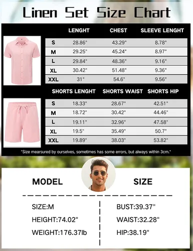 Vista 6 de LecGee Conjunto corto casual de verano para hombre, camisa cubana de lino de manga corta, pantalones cortos con cordón en la cintura, trajes