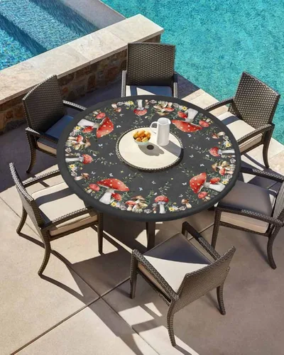 Vista 2 de Mantel Ajustado de Hongos para Mesa Redonda, Cubierta de Mesa de Cocina Botánica Pastoral Floral con Borde Elástico Tela Impermeable, Cubiertas Negro