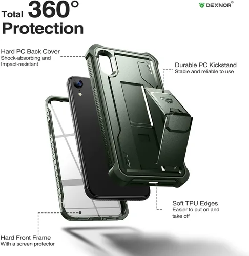 Vista 6 de Dexnor Funda para iPhone XR, [Protector de pantalla y soporte integrados] Protección de grado militar resistente a prueba de golpes para iPhone XR
