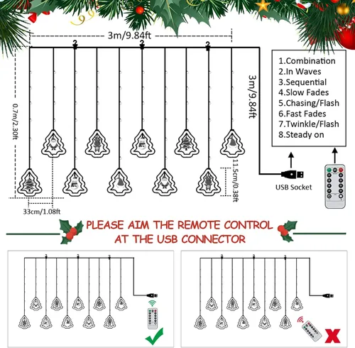 Vista 7 de BLOOMWIN Luces de Ventana de Navidad Decoraciones de Ventana Navideñas Iluminadas - Luz de Anillo en Forma de Árbol con Luz de Cortina de Ornamento