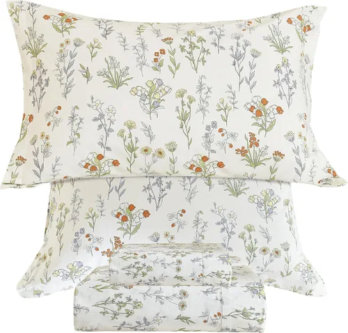 Vista 17 de QSH 100% Sábanas de algodón para cama tamaño Queen - Estampado floral azul de plantas patrón botánico lujoso de algodón estampado floral ropa