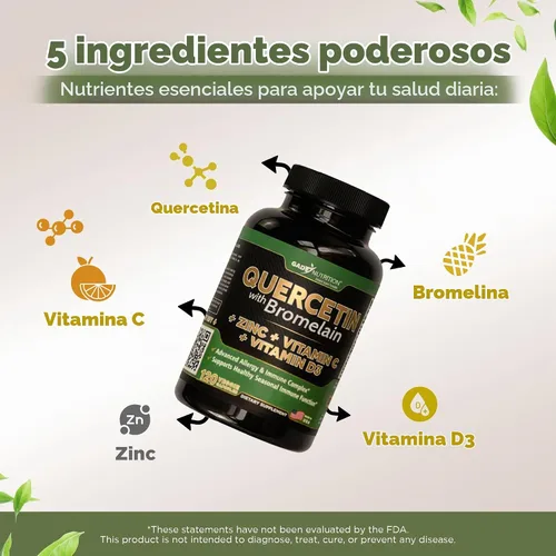 Vista 3 de Quercetina con vitamina C y zinc - Quercetina 500 mg - Quercetina con bromelina - Quercetina de zinc - 120 cápsulas vegetarianas. Suplementos
