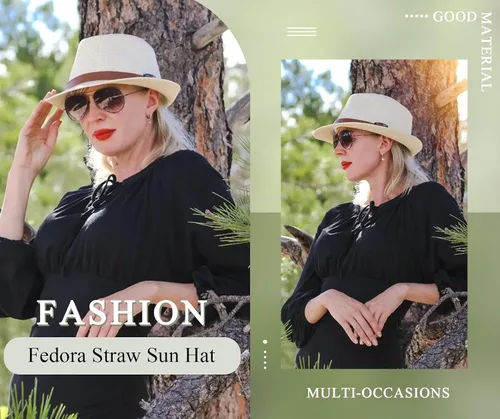 Vista 6 de Simplicity Sombrero de paja Trilby Fedora estilo Panamá con cinturón de cuero