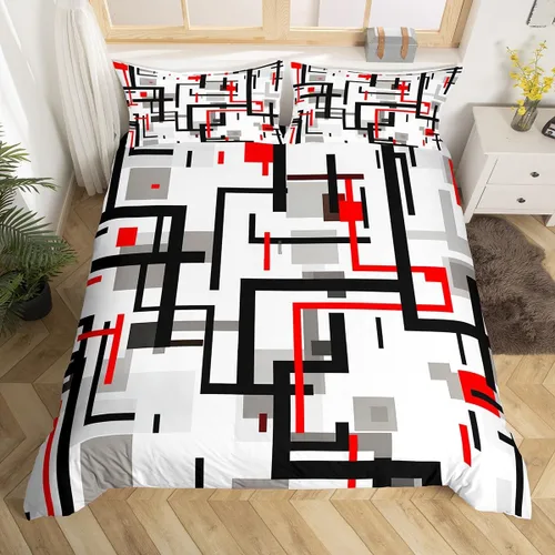 Vista 4 de Juego de ropa de cama de líneas negras, rojas y grises, tamaño individual para habitación de niños y niños, juego de funda de edredón con costuras