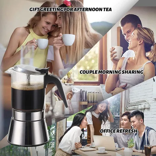 Vista 6 de Máquina de café expreso con tapa de cristal y acero inoxidable, cafetera italiana clásica, olla Moka - 4/6/9 tazas, 12.2 fl oz/12.7oz/9 tazas