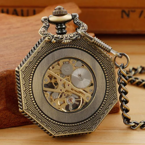 Vista 5 de Bronze Men's Antique Mechanical Pocket Watch, Skeleton Mechanical Roman Numerals Pocket Watch with Chain + Box