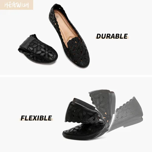 Vista 5 de HEAWISH - Zapatos planos para mujer estilo baletas, con diseño floral, cuero PU, punta redonda, calzado elegante, color negro y beige