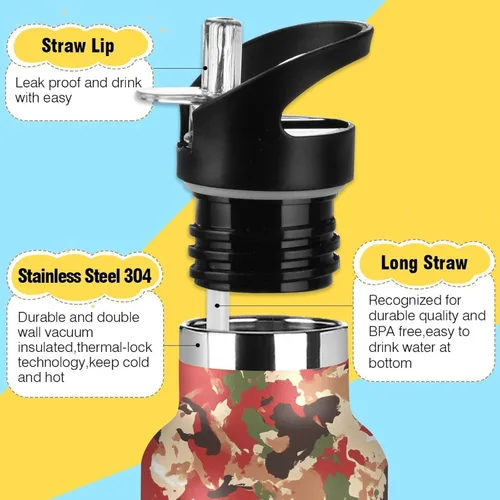 Vista 3 de Sport Insulated Water Bottle with Leak Proof Spout Lid Vacuum Insulated BPA-Free Leak Proof for Travel, Camping, Sports, Army Woodland Camo Gold