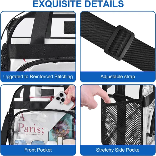 Vista 6 de Bolsa transparente para eventos en estadios: bolsa transparente con correas ajustables para conciertos de trabajo, viajes, bolsillo frontal grande