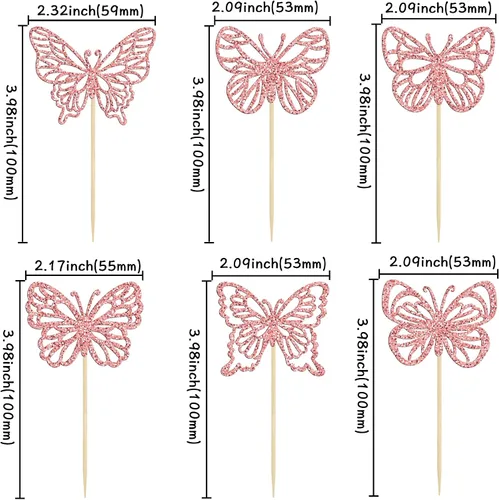 Vista 2 de Gyufise 36 adornos de mariposa de oro rosa con purpurina para cupcakes, arte hueco en 3D, decoración para cupcakes temáticos de mariposa, baby