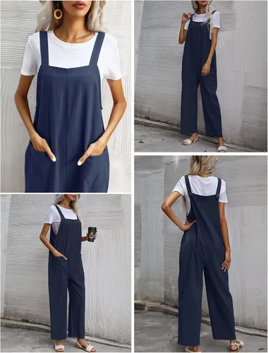 Vista 2 de Flygo Overol casual de verano de algodón para mujer, pierna ancha, holgado, con bolsillos