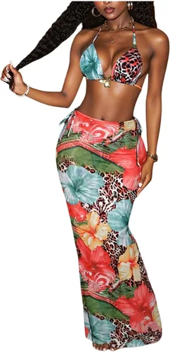 Vista 15 de WDIRARA Conjunto de bikini para mujer de 3 piezas, estampado floral halter con anillos, leopardo, traje de baño con falda de playa Varios