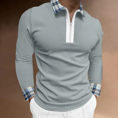Vista 2 de Blusa casual de verano para hombre, cuello a cuadros, cuello vuelto, manga corta, camiseta de manga larga para hombre