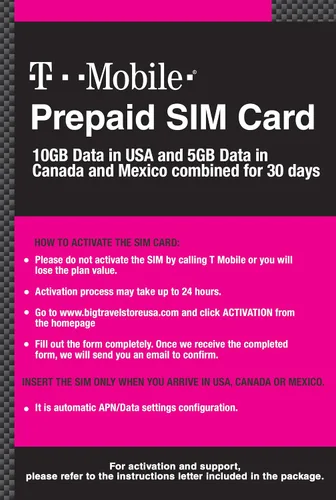 Vista 4 de Tarjeta SIM prepagada de Canadá, México y EE. UU. T-Mobile 10GB 4G LTE Datos en Estados Unidos y 5GB de datos en Canadá o México combinados