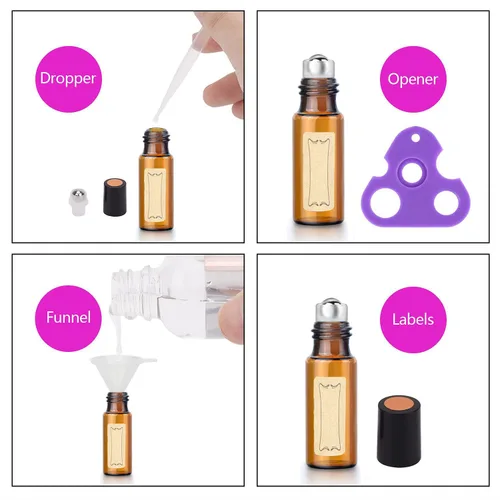 Vista 6 de Easytle Botellas enrollables de aceite esencial, paquete de 24 botellas de vidrio ámbar de 0.2 fl oz para aceites esenciales, botella enrollable