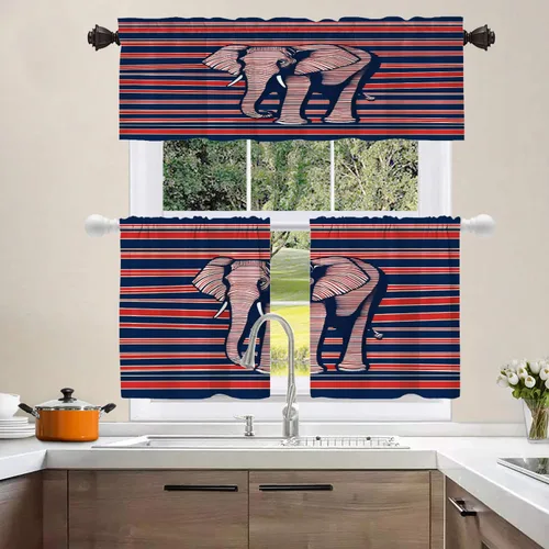 Vista 8 de Shrahala Cortinas republicanas de elefante americano para ventanas de cocina, paneles de cortina de ventana de poliéster multicapa con rayas rojas