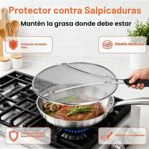 Vista 2 de Pantalla contra salpicaduras para sartén de 13 pulgadas, protector de salpicaduras de grasa de acero inoxidable, protector contra salpicaduras