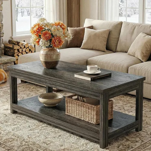 Vista 7 de Homieasy Mesa auxiliar rectangular de 43.3 pulgadas con estante de almacenamiento, mesa central de madera de granja para sala de estar, moderna mesa