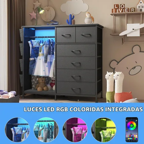 Vista 5 de Cómoda de 6 cajones para dormitorio con perchero para ropa, cómoda para ropa con bolsillos laterales y ganchos, estación de carga y luces LED, parte