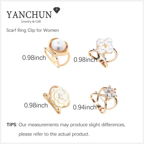 Vista 123 de 4 piezas de clip de anillo de bufanda para mujer, broche de perlas y flores, hebilla de metal para chal, accesorios de decoración para damas y niñas