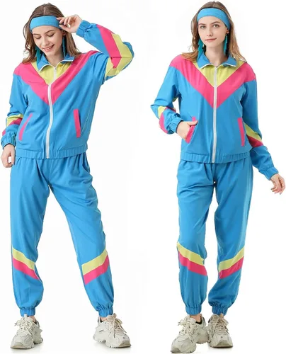 Vista 2 de Conjunto deportivo retro de los años 80 para mujer, rompevientos de los años 90, conjunto deportivo con chaqueta y pantalones deportivos