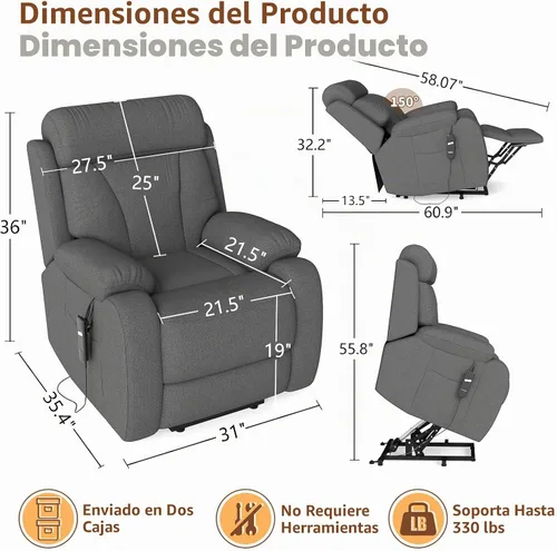 Vista 2 de cinkehome Silla reclinable eléctrica para ancianos, reclinable eléctrico Gris oscuro-pequeño