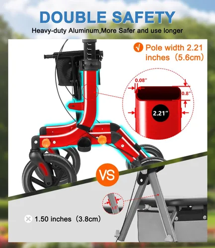 Vista 7 de Andador ligero con asiento para personas mayores, andador plegable con neumáticos grandes todo terreno a prueba de pinchazos, altura ajustable