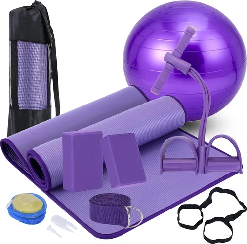 Vista 7 de Juego de esterillas de yoga para principiantes, esterilla de yoga con correa de transporte, bloques de yoga con correa de yoga, pelota de yoga