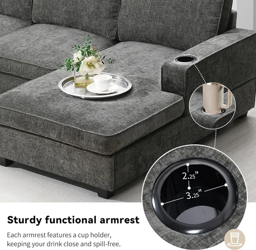 Vista 88 de Moderno sofá modular en forma de U con almohadas para la cintura, sofá cama con diván, sofá tapizado simétrico de felpilla de 6 asientos para sala