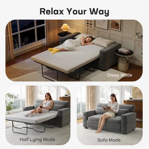 Vista 7 de Marsail Sofá cama extraíble, sofá cama tamaño Queen con colchón de espuma viscoelástica, 2 puertos de carga USB y fundas extraíbles, sofá biplaza