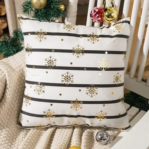 Vista 3 de Juego de 4 fundas de almohada de Navidad de 18 x 18 pulgadas, fundas de almohada doradas con estampado de copos de nieve a rayas, fundas de cojín