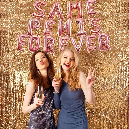 Vista 7 de Globos colgantes de 16 pulgadas con texto en inglés "Same Forever", globos de letras de aluminio de oro rosa para bodas, despedidas de soltera