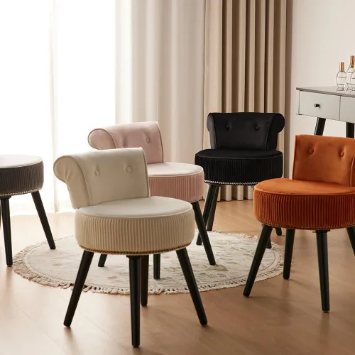 Vista 7 de Silla de tocador de terciopelo negro con respaldo pequeño, taburete de maquillaje, sillas acentuadas con botones sin ruedas, taburete de tocador