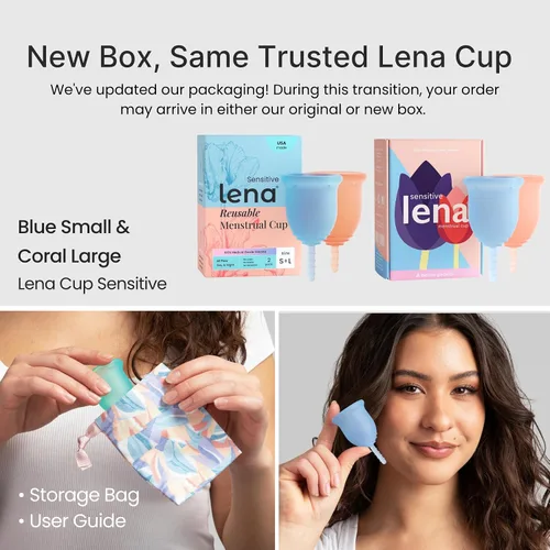 Vista 2 de Lena Juego de 2 copas menstruales sensibles ultrasuaves (pequeñas y grandes) de silicona de grado médico para mujeres, flujo pesado, reutilizable