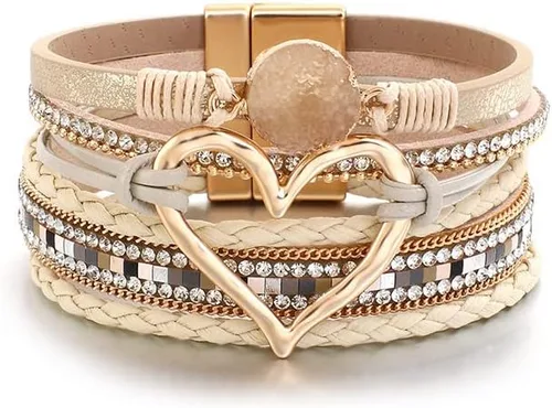 Vista 2 de Caiyao Pulsera de cuero para mujer, pulsera de cuentas con decoración en forma de corazón, pulsera de cristal bohemio con cierre magnético, pulsera