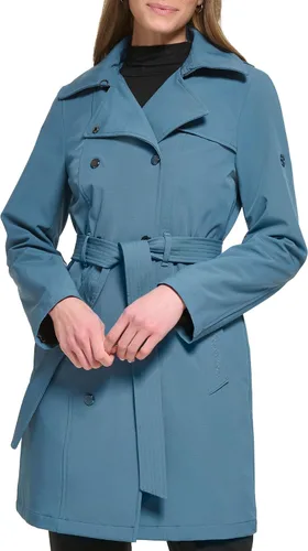 Vista 4 de Calvin Klein Chaqueta de lluvia con cinturón de doble botonadura para mujer con capucha extraíble