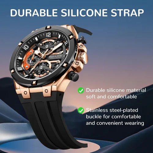 Vista 9 de SOLLEN Men's Chronograph Watch, Analog Quartz Watches for Men, Fashion Sport Wrist Watches with Silicon Strap, 30M Waterproof Casual Dress Work