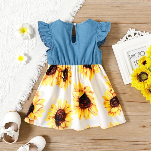 Vista 5 de PATPAT Vestidos de verano sin mangas para niña pequeña, ropa de verano para bebé, mezclilla con lazo, falda floral, vestido de verano de 3 a 24 meses