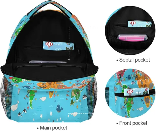 Vista 6 de AUUXVA Mochila escolar de 16 pulgadas con símbolo de animales con diseño de mapa del mundo para niños y niñas, mochila escolar de 16 pulgadas