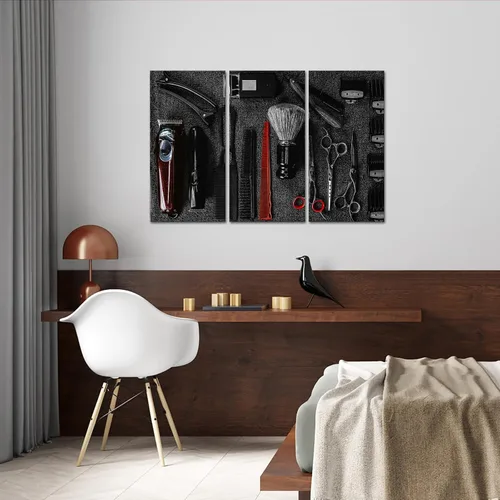 Vista 4 de RnnJoile 3 piezas de arte de pared de peluquería salón de peluquería herramientas de pintura impresiones sobre lienzo negro y rojo accesorios