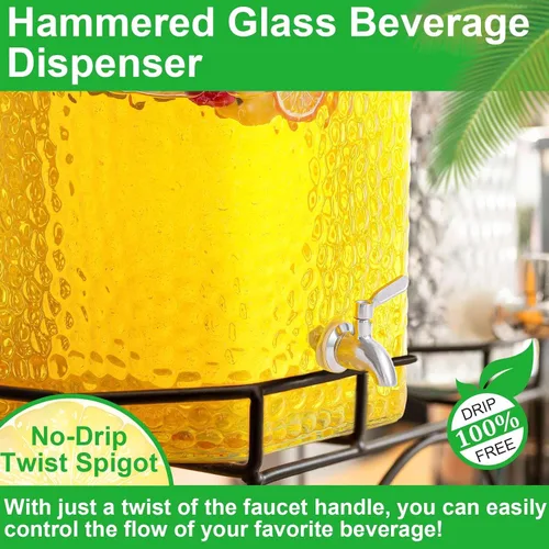Vista 3 de Paquete de 1 dispensador de bebidas de vidrio de 5 galones para fiestas, dispensador de bebidas de vidrio martillado, recipiente de agua con grifo