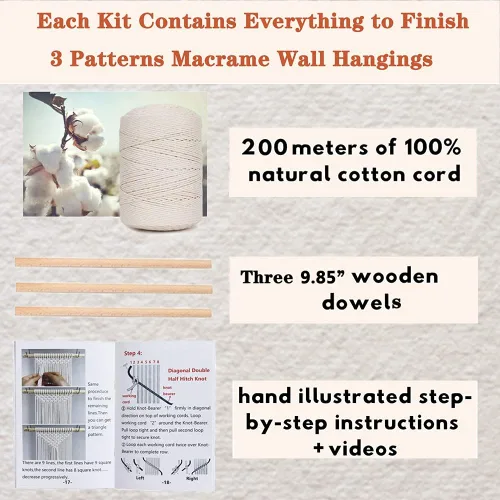 Vista 4 de RQWZBCHX Kit de macramé para colgar en la pared, 3 patrones de macramé para principiantes, decoración del hogar con cordón de macramé de 656.2 ft, 3