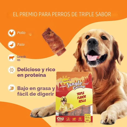 Vista 8 de Jungle Calling Rollos para Perros de Triple Sabor, Hechos con Carne Real de Pollo, Pato y Res, Snacks para Perros Sin Cuero Crudo, Saludables